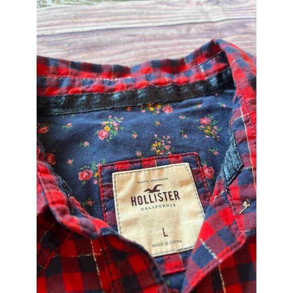 Hollister Girls Teen L Red Plaid Button-Up Long Sleeve Shirt - Picture 3 of 8